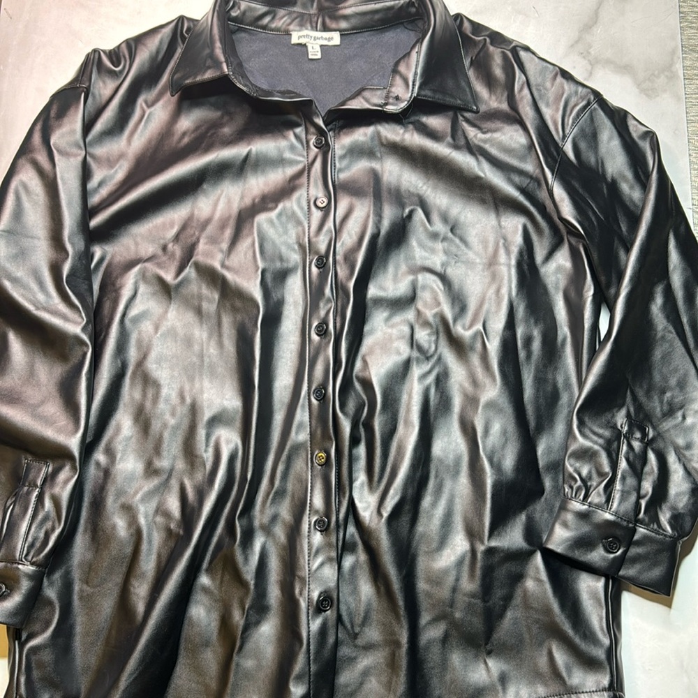 Pretty Garbage Faux Leather Button Up Shirt Jacket